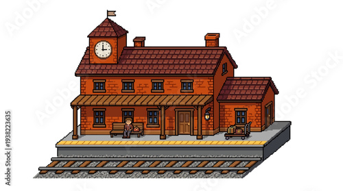 Vintage Brick Train Station Building with Clock Tower.