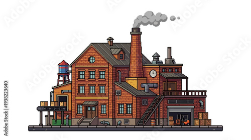 Vintage Industrial Factory Building with Smoke Stack.