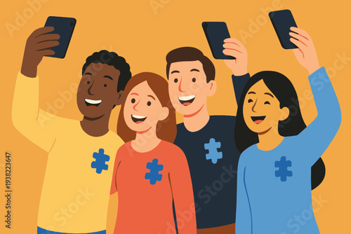Group Selfie of Diverse People Wearing Blue Autism Awareness Badges