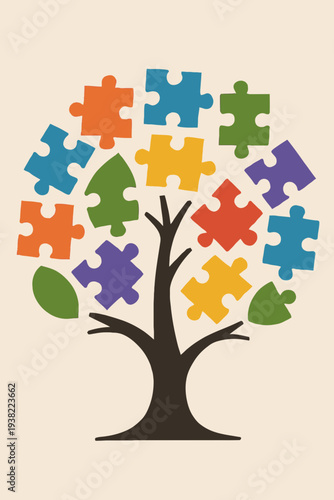 Bilde på lerret Stylized Tree with Leaves Replaced by Multicolored Puzzle Pieces