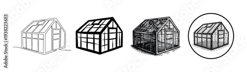 Various greenhouse illustrations showcasing different artistic styles and intricate drawing techniques for cultivation.