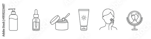 Skincare products and beauty routine icons set illustrating various cosmetic items and daily self-care steps.