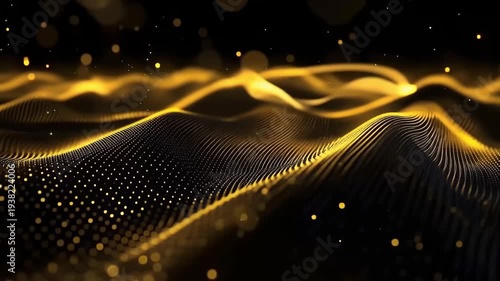Golden Waves of Data: An abstract representation of a complex, evolving digital landscape, suggesting the flow of data, innovation, and technological advancement, set against a dark.