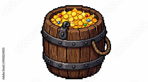 Pixel Art Barrel Overflowing with Golden Treasure Coins.