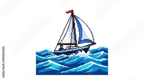 A charming sailboat navigates the choppy blue ocean waves.