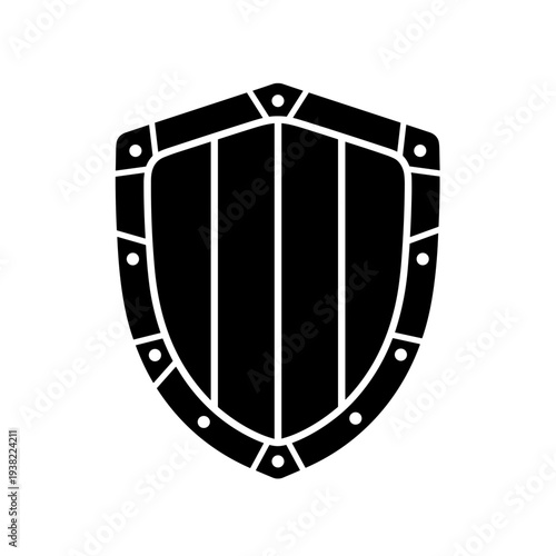 Black shield icon with rivets and vertical wooden planks for protection.