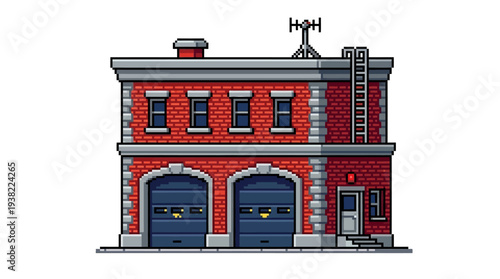 Pixel Art Fire Station Building with Red Brick Facade.