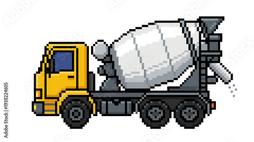 Pixel Art Cement Mixer Truck Illustration.
