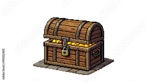 Antique Wooden Treasure Chest Filled With Gold Coins.