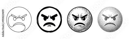 Four angry emoji faces expressing various negative emotions through distinct artistic styles in a row.