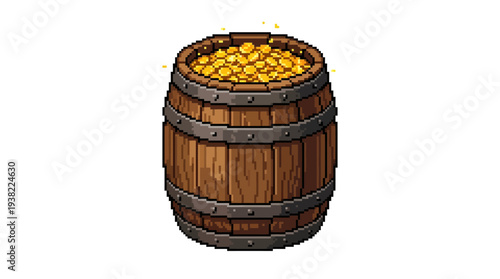 Pixel Art Barrel Overflowing with Golden Coins.