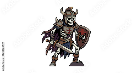 Pixel Art Undead Warrior Skeleton Knight with Sword and Shield.
