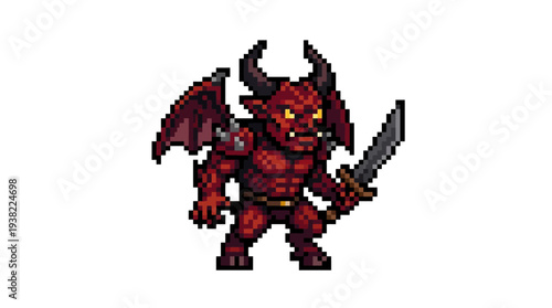 Pixel Art Red Demon Warrior with Wings and Sword.