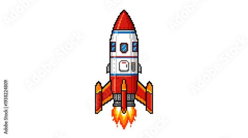 Pixel Art Rocket Ship Launching with Fiery Exhaust.