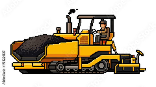 Yellow Asphalt Paver Machine with Driver Working.