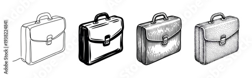 Four distinct briefcases are depicted in various artistic styles, showcasing different hand-drawn illustration techniques for business and professional concepts.