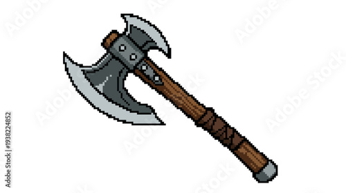 Double-headed battle axe with wooden handle and metal details.