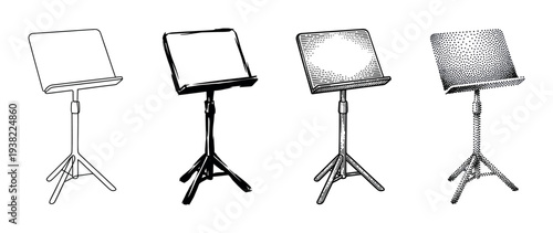 Four distinct music stand illustrations showcasing various artistic styles and techniques suitable for musical performance and education.