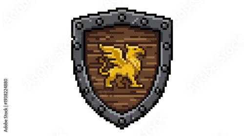 Pixel Art Griffin Emblem on Wooden Shield.
