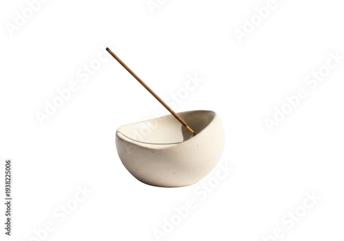 Minimalist Handcrafted Ceramic Incense Burner with Single Incense Stick Isolated on White