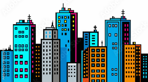 Colorful Cartoon Skyscraper Cityscape Illustration.