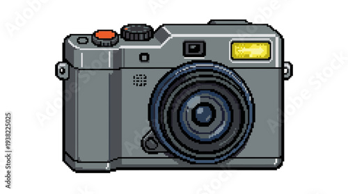 Pixel Art Digital Camera Icon with Flash and Lens.