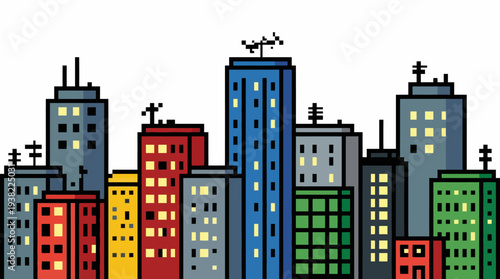 Colorful Cartoon Skyscraper Cityscape Illustration.