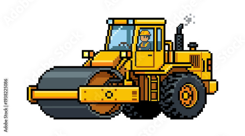 Yellow Steamroller Vehicle with Driver Illustration.