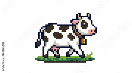 Pixel Art Cow Illustration Standing in Green Grass.