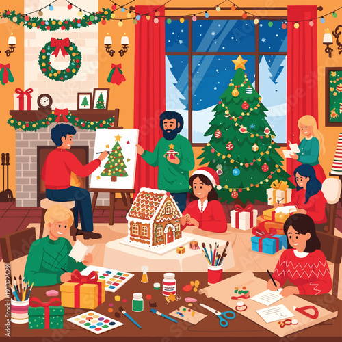 Family Decorating Christmas Tree and Baking