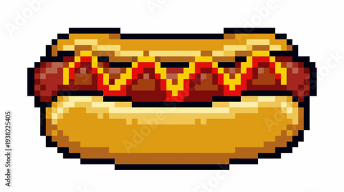 Pixel Art Hot Dog with Mustard Delicious Fast Food.