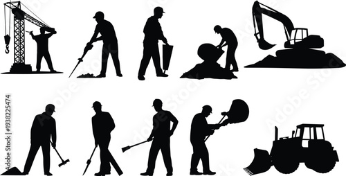 Construction workers and heavy machinery silhouettes set, industrial labor with excavator, crane, bulldozer and builders for building site vector illustration