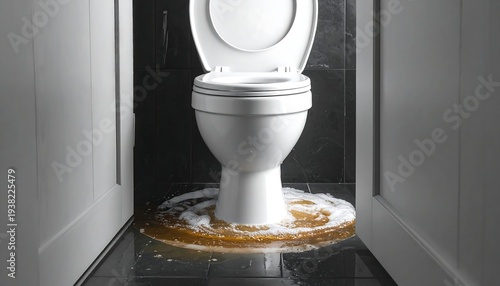 Toilet overflowing onto the floor with discolored water, viewed from a doorway, against a dark tiled wall