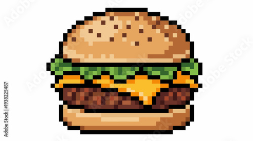 Pixel Art Burger Delicious Fast Food Icon.