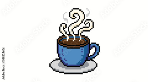 Pixel Art Blue Coffee Cup with Steam.