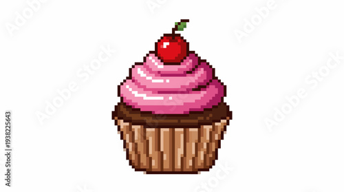 Pixel Art Cupcake with Pink Frosting and Cherry.