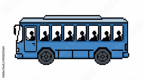Pixel Art Blue Bus with Silhouetted Passengers.