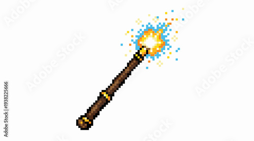Pixel Art Magic Wand with Sparkling Energy Burst.