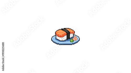 Pixel Art Salmon Nigiri Sushi on a Plate.