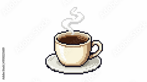 Pixel Art Coffee Cup with Steam on Saucer.