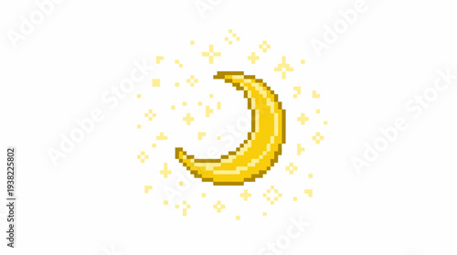 Pixel Art Golden Crescent Moon with Sparkling Stars.