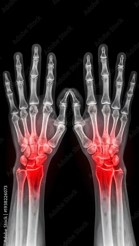 Obraz premium Medical X-ray of two human hands with glowing red joints highlighting arthritis, pain, and inflammation. A stark grayscale skeletal illustration isolated on a black background for clinical use.