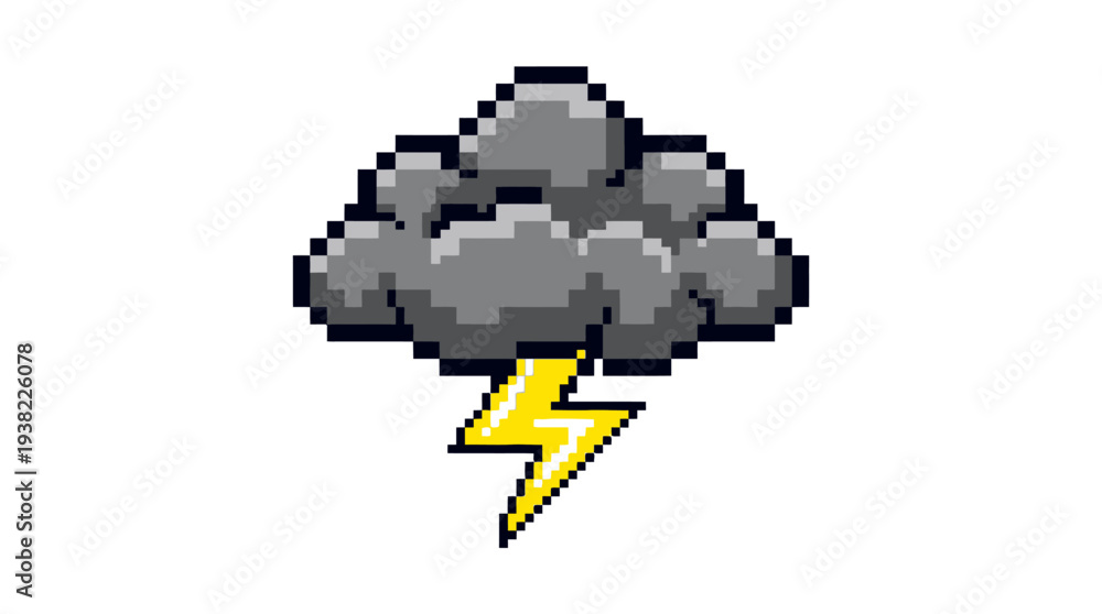 Obraz premium Pixel art storm cloud with lightning bolt icon.