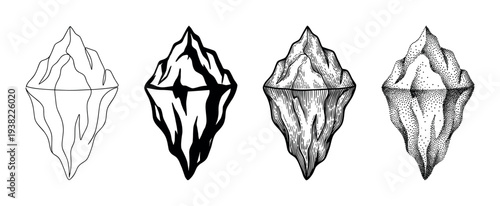 Four different stylized icebergs with visible and submerged parts depicted in various artistic illustration styles.