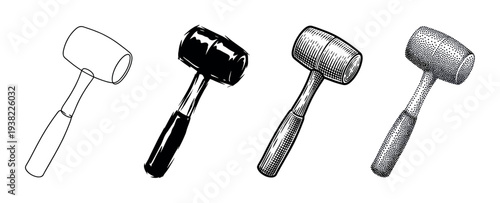 Mallet hammer tool set vector illustration featuring various artistic styles for carpentry and construction projects.