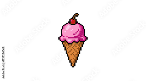 Pixel Art Strawberry Ice Cream Cone with Cherry.