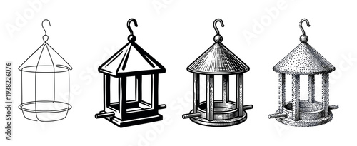 Four different styles of bird feeders are depicted in a classic black and white vector illustration set.