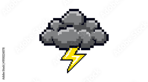Pixel art storm cloud with lightning bolt icon.