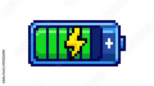 Pixel Art Battery Icon with Lightning Bolt Symbol.