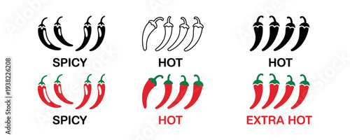 Spicy Level Labels Showing Chili Spicy Meter Red Chili Peppers Hot Flavor Heat Intensity Vector Illustration Food Cuisine Icon